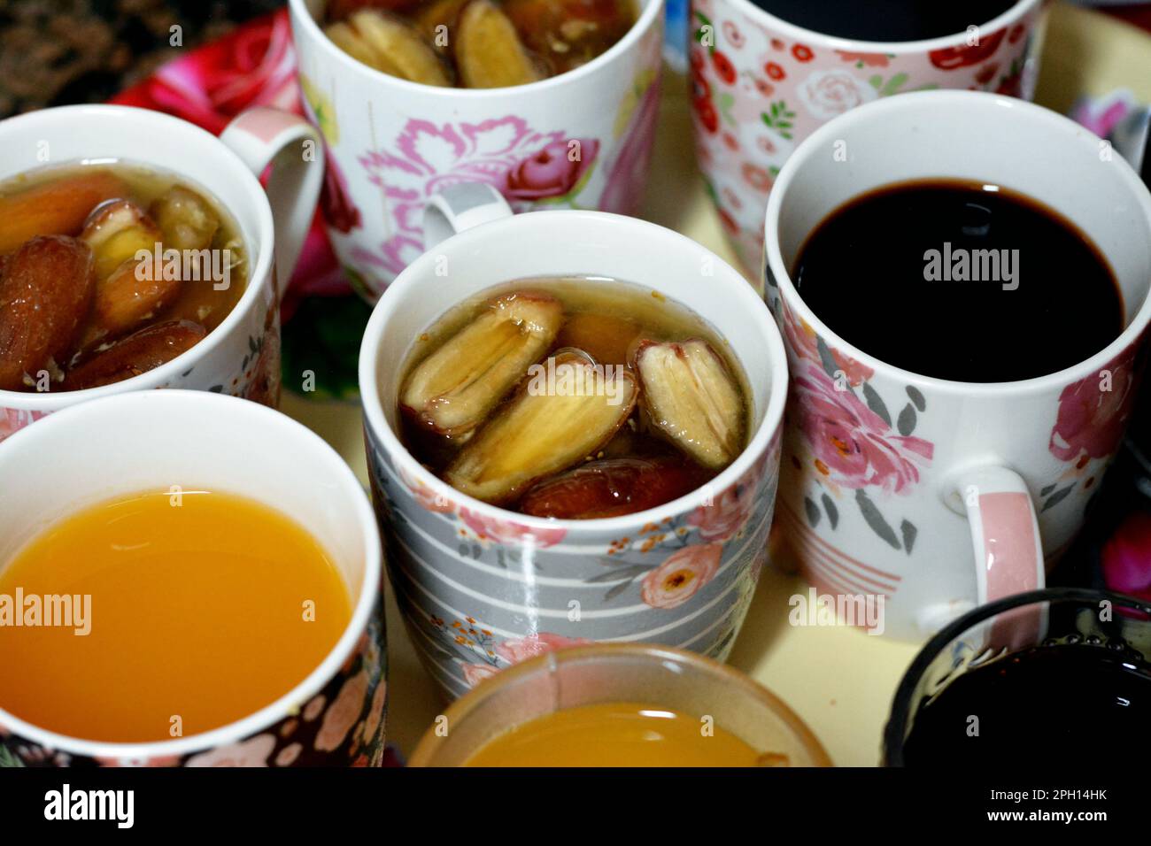 Juices, drinks and compotes tray on the iftar table in Ramadan month