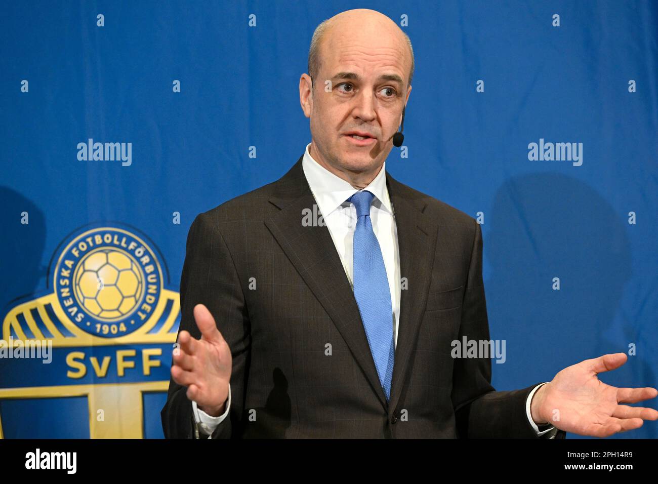 Press call with Fredrik Reinfeldt who has been elected to new president of the Swedish Football Association. Reinfeldt is a former prime minister of S Stock Photo