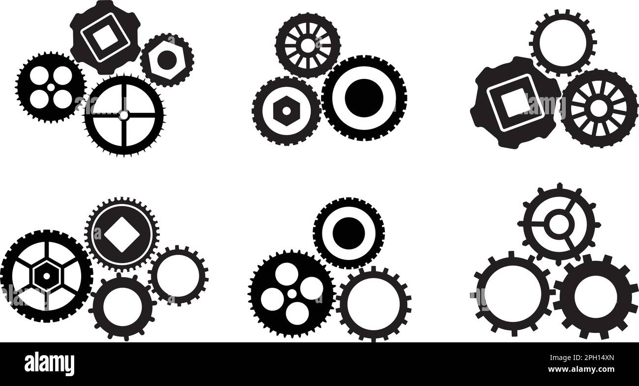 Cogwheels cooperation and connection black and white, set part of gear Stock Vector