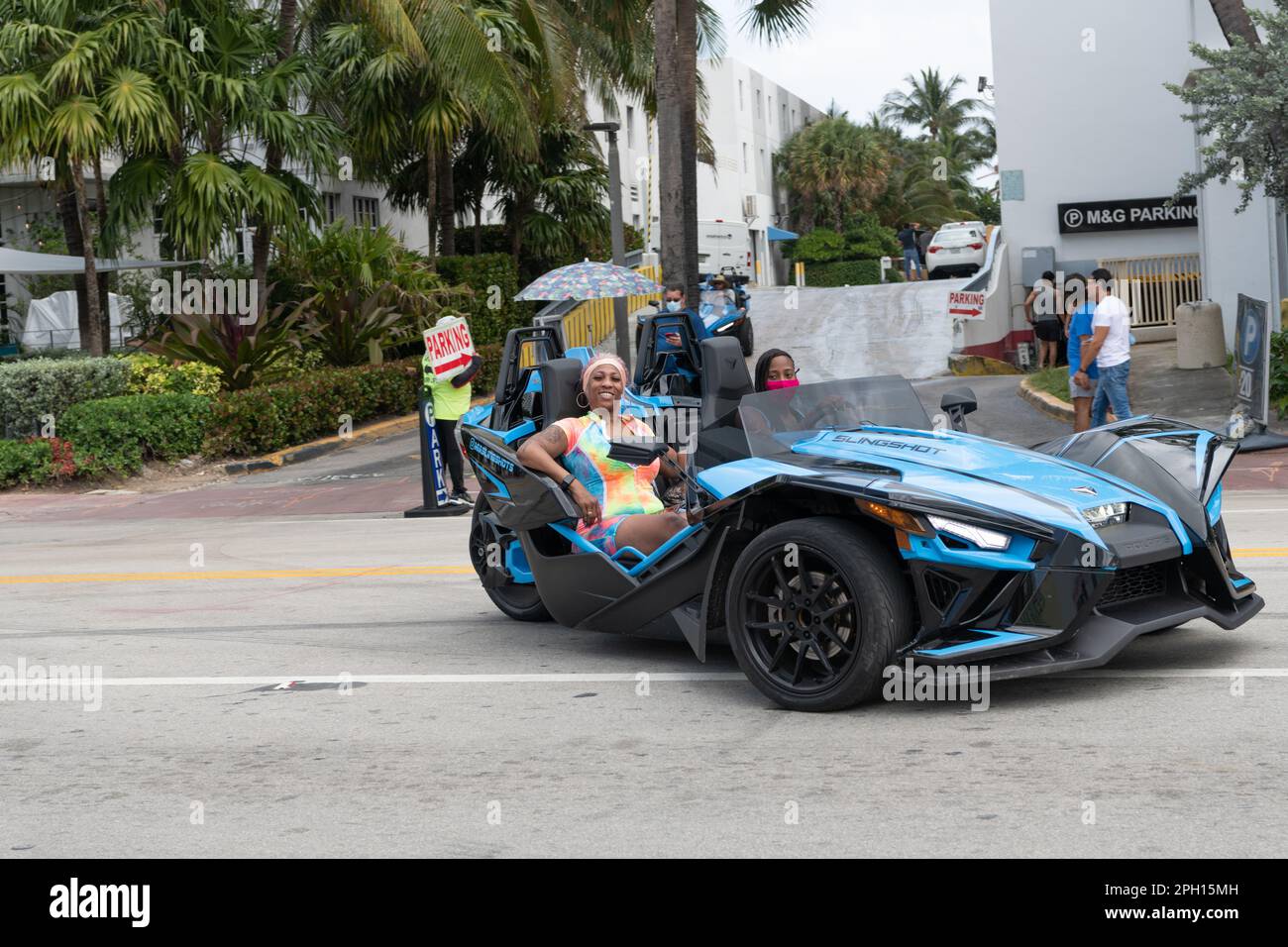 Miami Beach, Florida USA March 19, 2021 blue polaris slingshot with