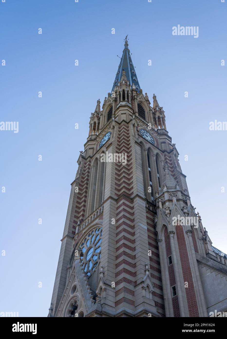 View up the tall church spire of San Isidro cathedral near Buenos Aires in Argentina Stock Photo