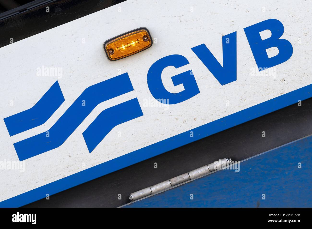 AMSTERDAM - The GVB logo on a tram in the center of Amsterdam. Public transport in the capital is being overhauled because the number of travelers has decreased due to the corona crisis. ANP EVERT ELZINGA netherlands out - belgium out Stock Photo