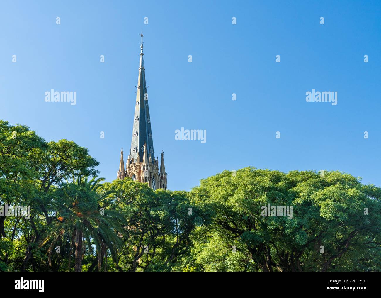 Leafy view of the tall church spire and clock tower of San Isidro cathedral near Buenos Aires in Argentina Stock Photo