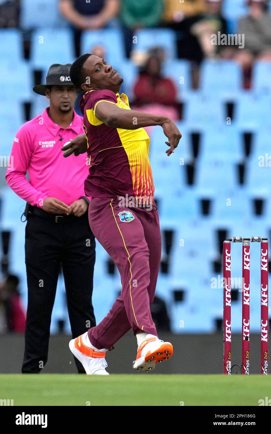 West Indies's bowler Sheldon Cottrell bowls during the first T20