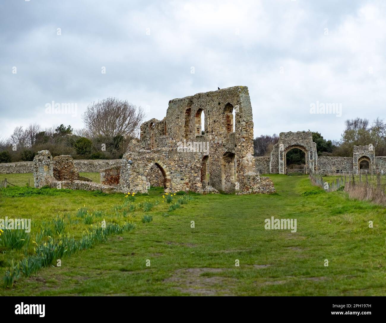 Front on view of an old historic chapel or priory in Dunwich in Suffolk Stock Photo