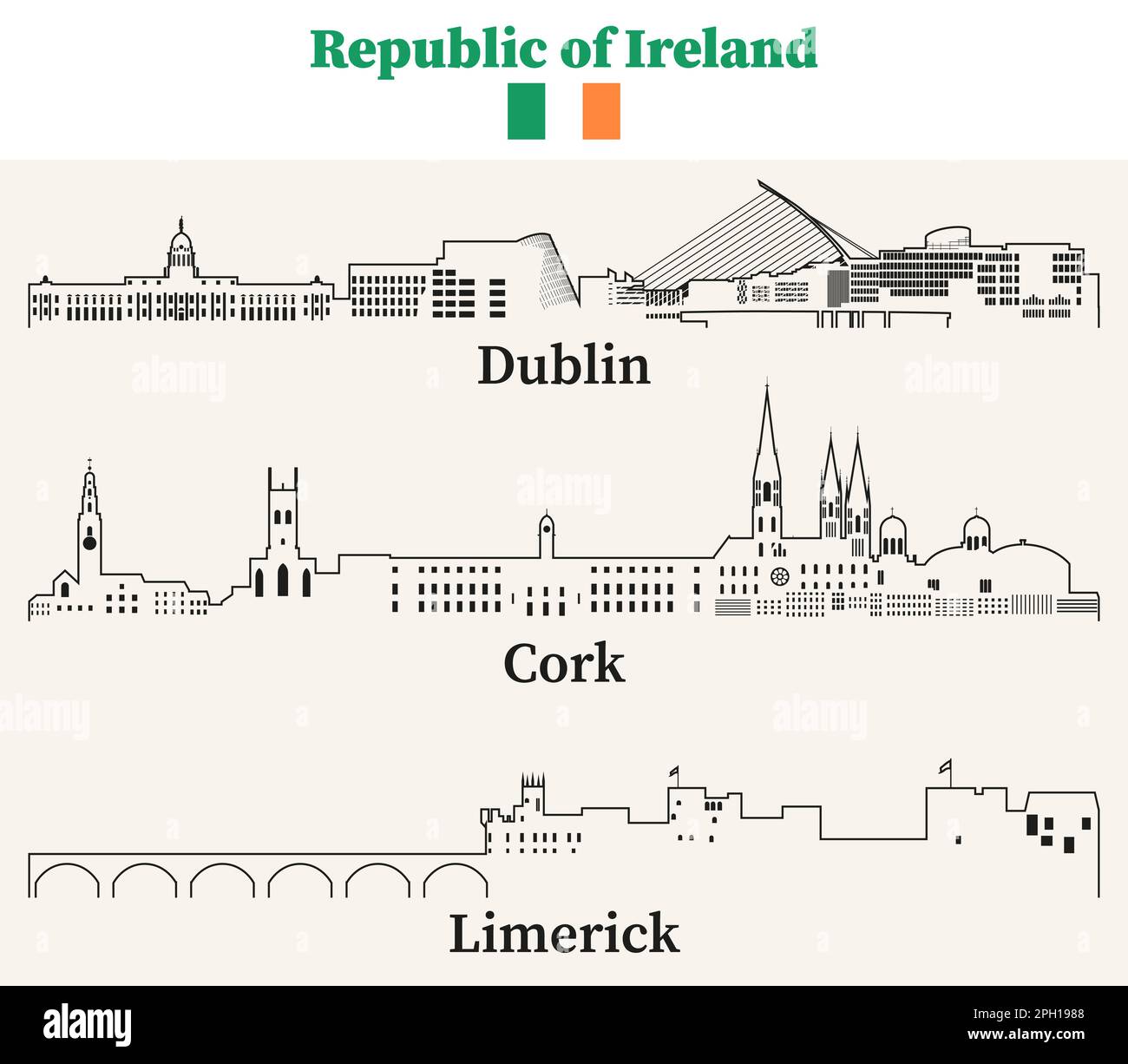 Republic of Ireland cities outline skylines vector set Stock Vector