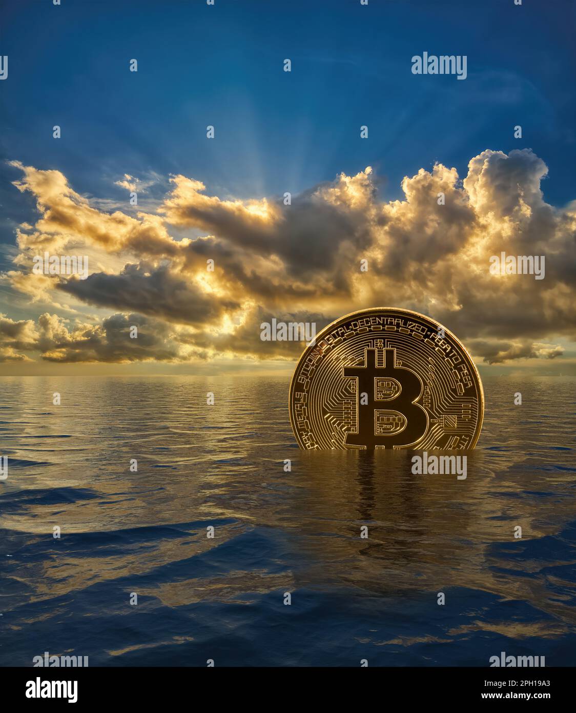 Single bitcoin rising or sinking into the ocean as concept to show the cryptocurrency soaring or sinking Stock Photo