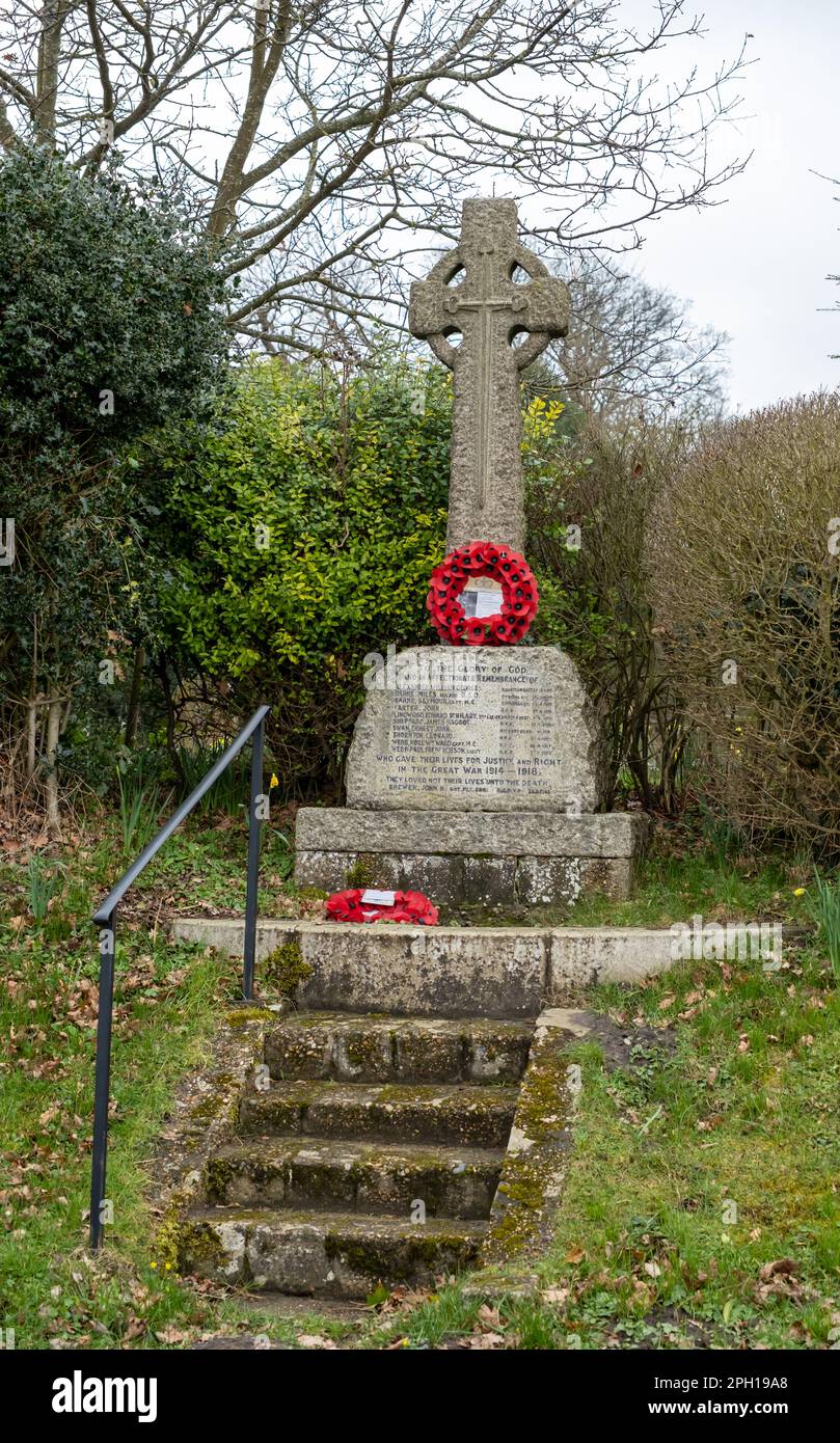 Selective focus on theWar memorial cross in the village of Dunwich in Suffolk Stock Photo