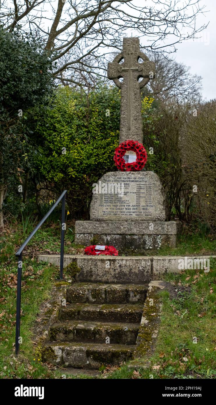 Selective focus on theWar memorial cross in the village of Dunwich in Suffolk Stock Photo