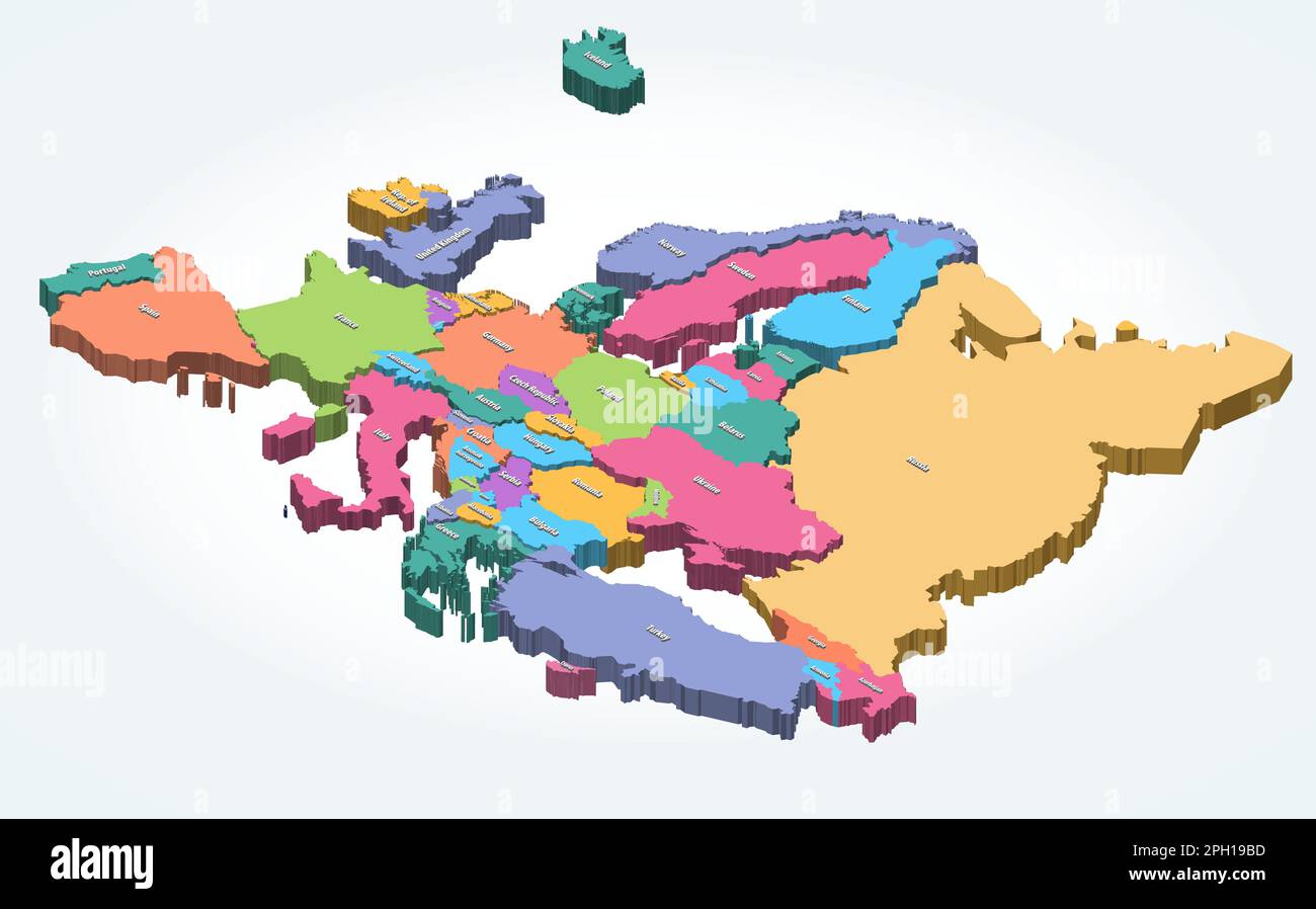 Europe 3d (isometric) map colored by regions Stock Vector