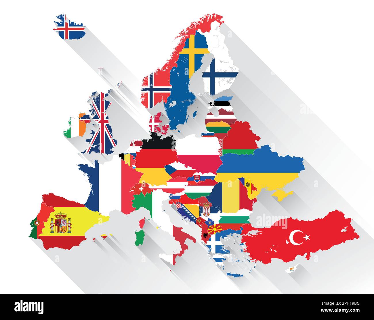 Europe map with countries flags incorporated inside. Flat style vector illustration with drop shadow. All elements separated in detachable and editabl Stock Vector