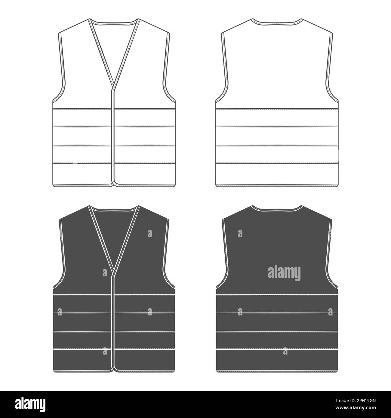 Set of black and white illustration with protective vest with reflective stripes. Isolated vector objects on white background. Stock Vector