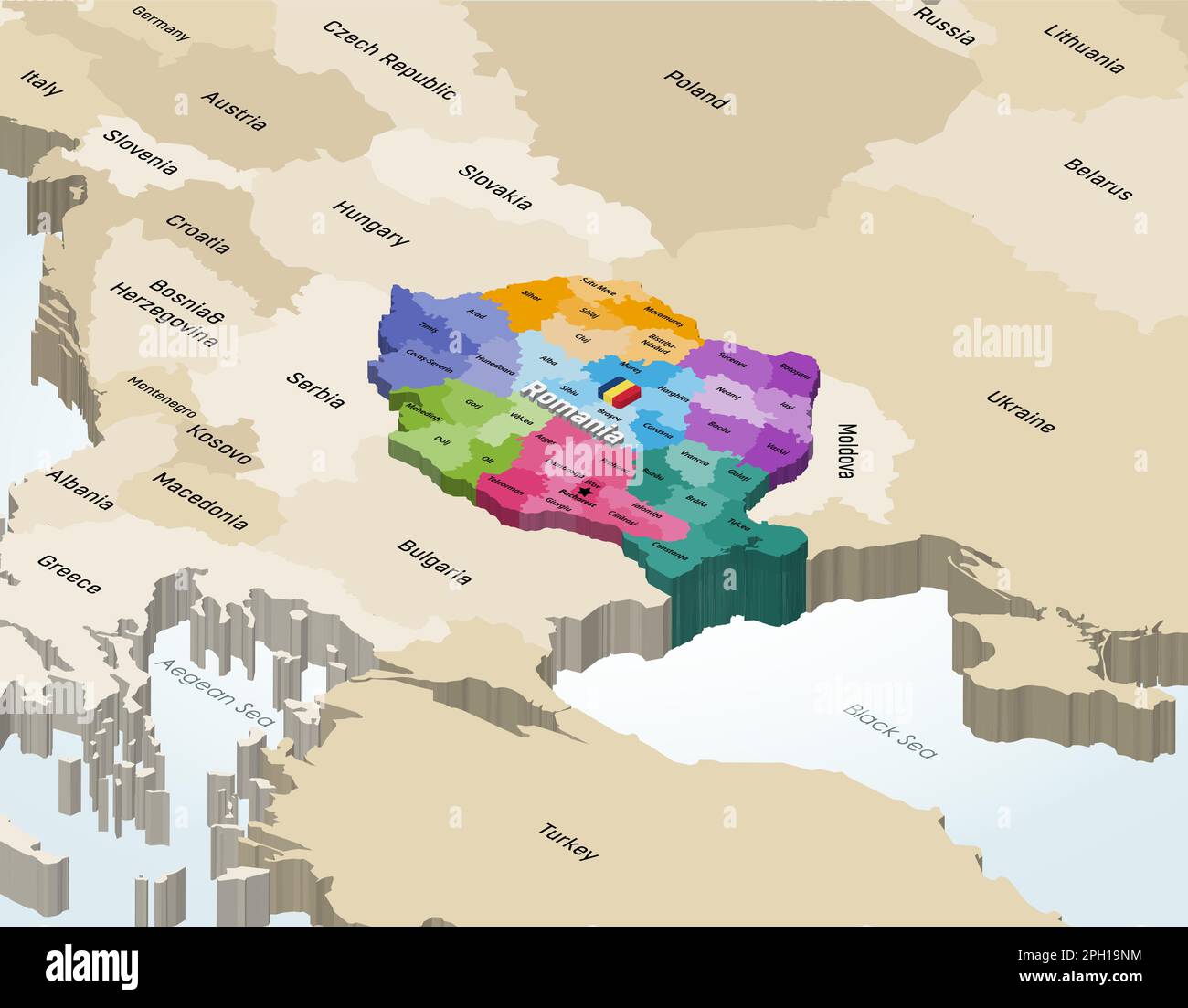 Romania counties 3d (isometric) colorful vector map with neighbouring countries Stock Vector