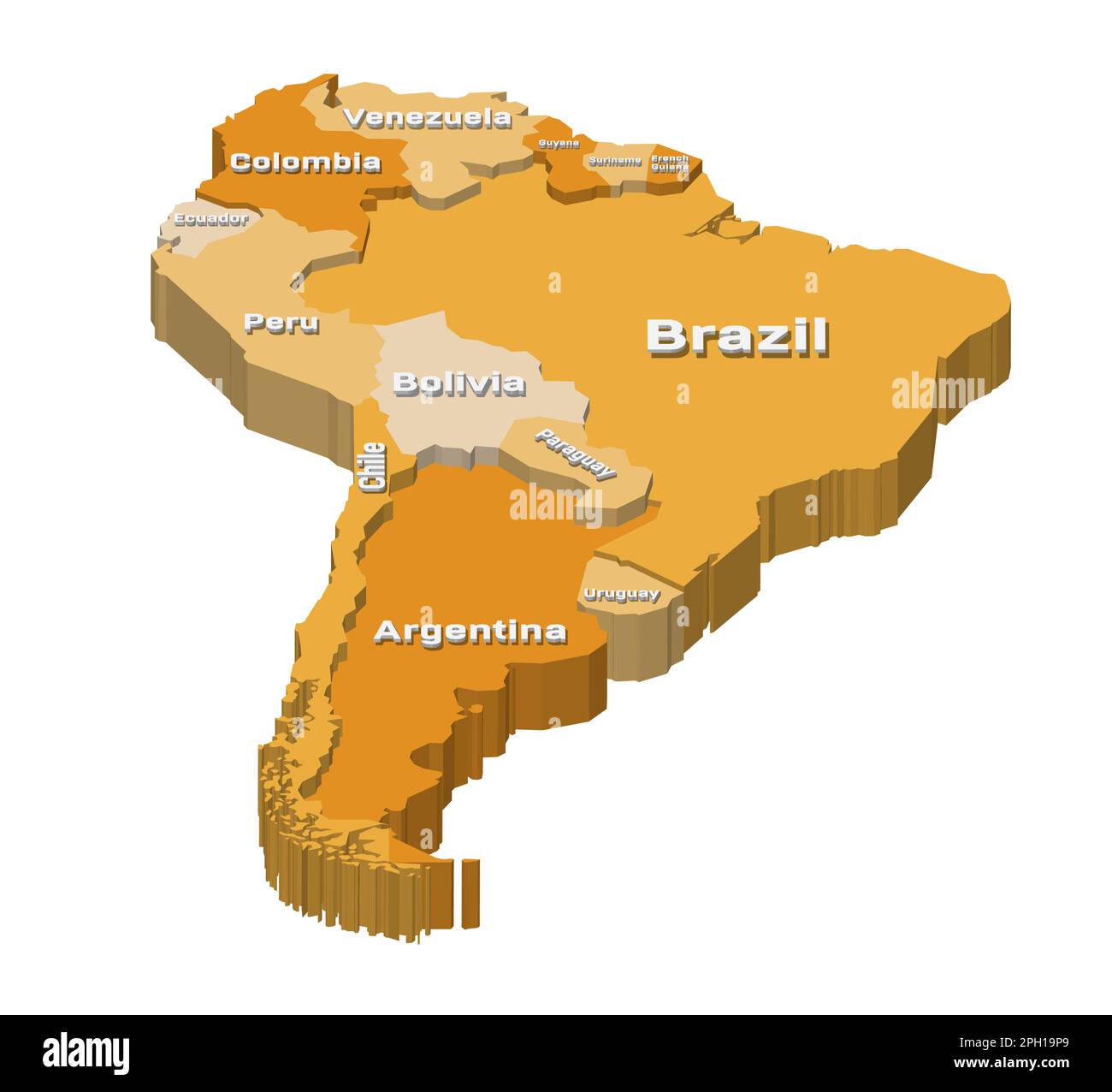 South America 3d (isometric) multilevel map with volumetric inscriptions Stock Vector