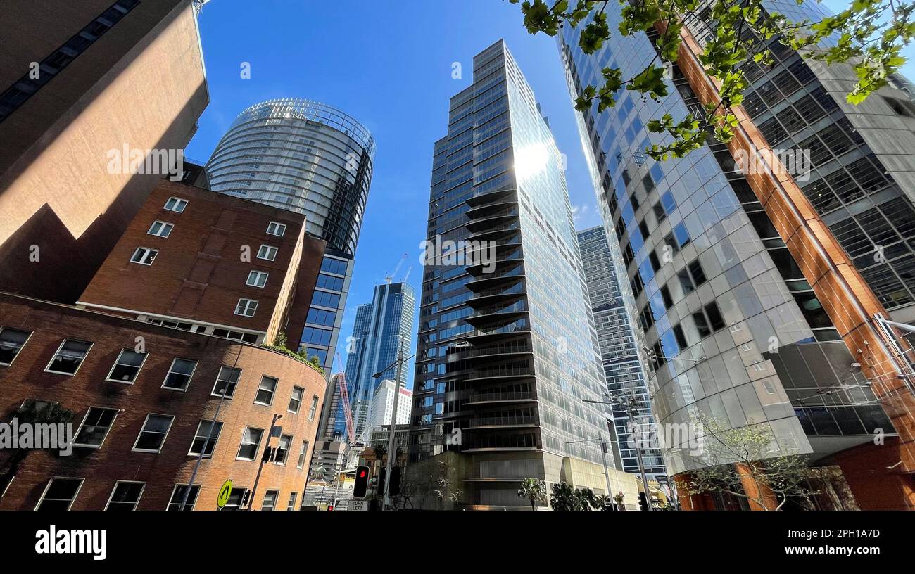 Commercial skyscraper and residential block of Governor Philip and Macquarie Tower, Aurora Place and 1 Bligh Street in Sydney, Australia Stock Photo