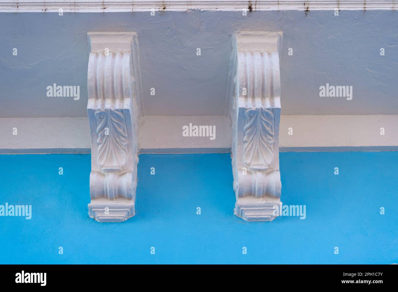 gypsum facade of blue building. gypsum facade exterior. gypsum facade of house. photo of gypsum