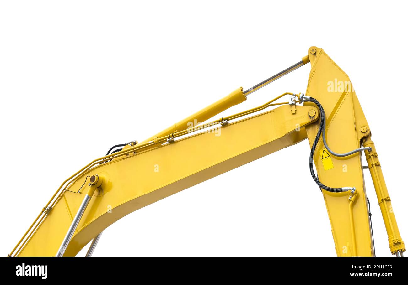 Crawler excavator with lift up bucket isolated on white background. Powerful excavator with an