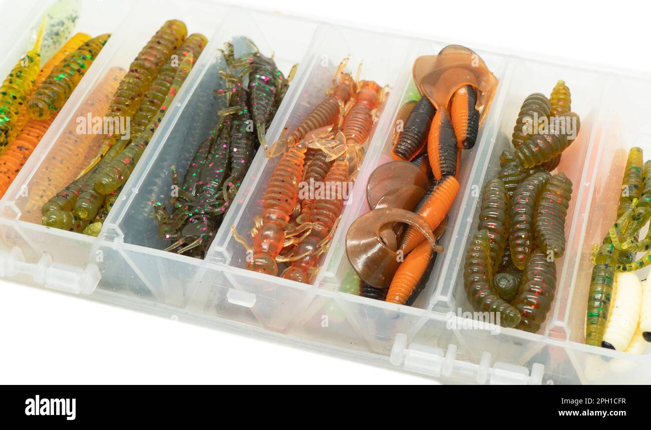 Jig silicone fishing lures in plastic lure box. Silicone fishing baits  isolated. Colorful baits. Fishing spinning bait. Silicone soft plastic bait  lur Stock Photo - Alamy