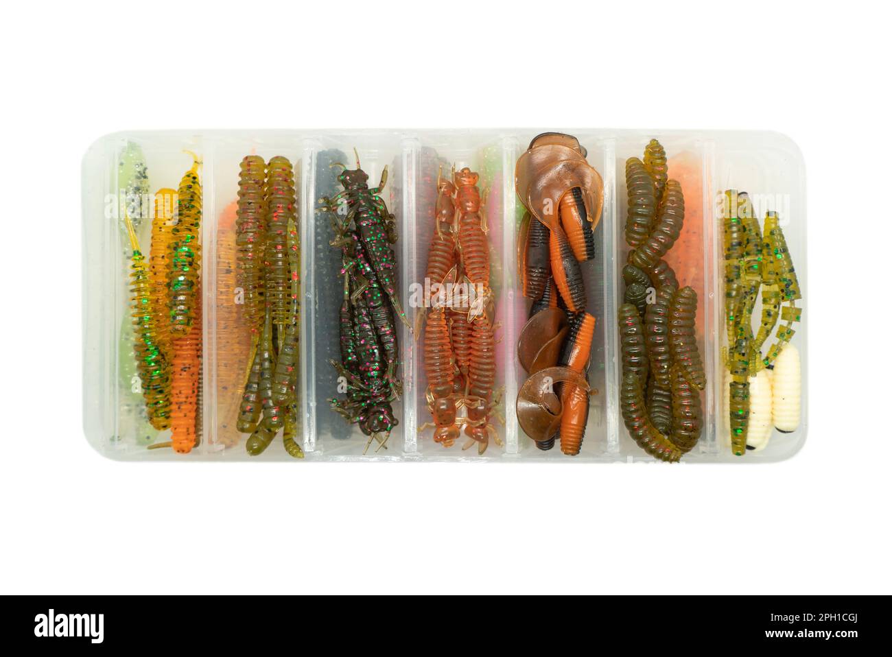 Jig silicone fishing lures in plastic tackle lure box. Silicone fishing  baits isolated. Colorful baits. Fishing spinning bait. Silicone soft plastic  b Stock Photo - Alamy