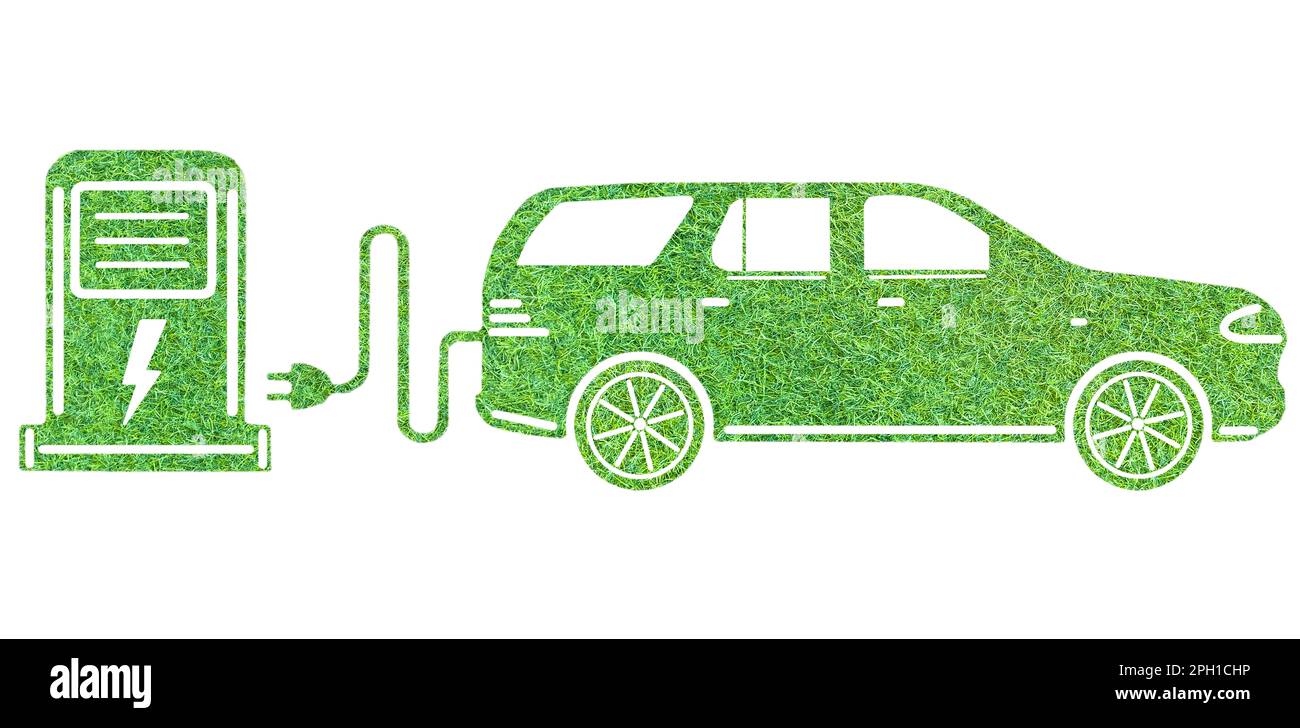 Eco friendly car concept with electric vehicle charging station. EV car covered with grass isolated on white background. Green sustainable clean energ Stock Photo