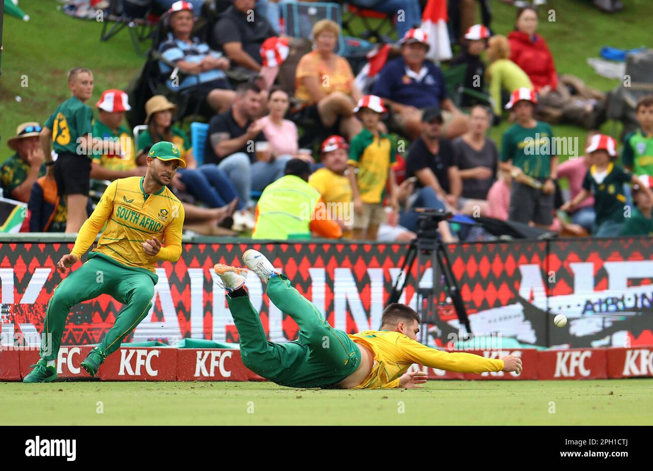 Cricket - First Twenty20 - South Africa v West Indies - SuperSport Park Cricket Stadium, Centurion, South Africa - March 25, 2023 South Africa's Rilee Rossouw and Reeza Hendricks in action in the field REUTERS/Siphiwe Sibeko Stock Photo