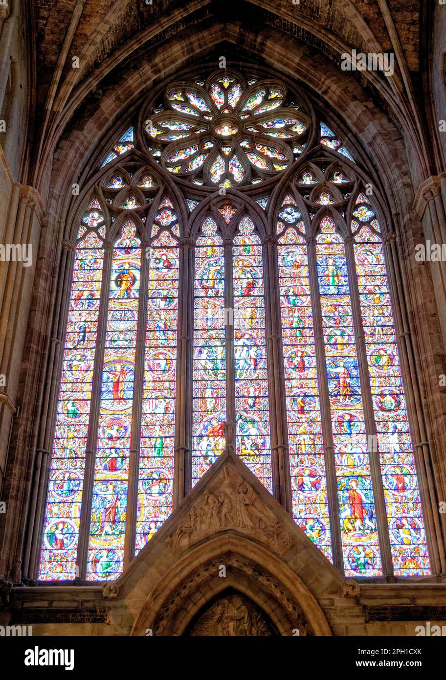 Stained glass window looking up. Rebuilt 1855-6 as part of the restoration by Sir George Gilbert Scott.Worcester Cathedral, Worcester, Worcestershire, Stock Photo
