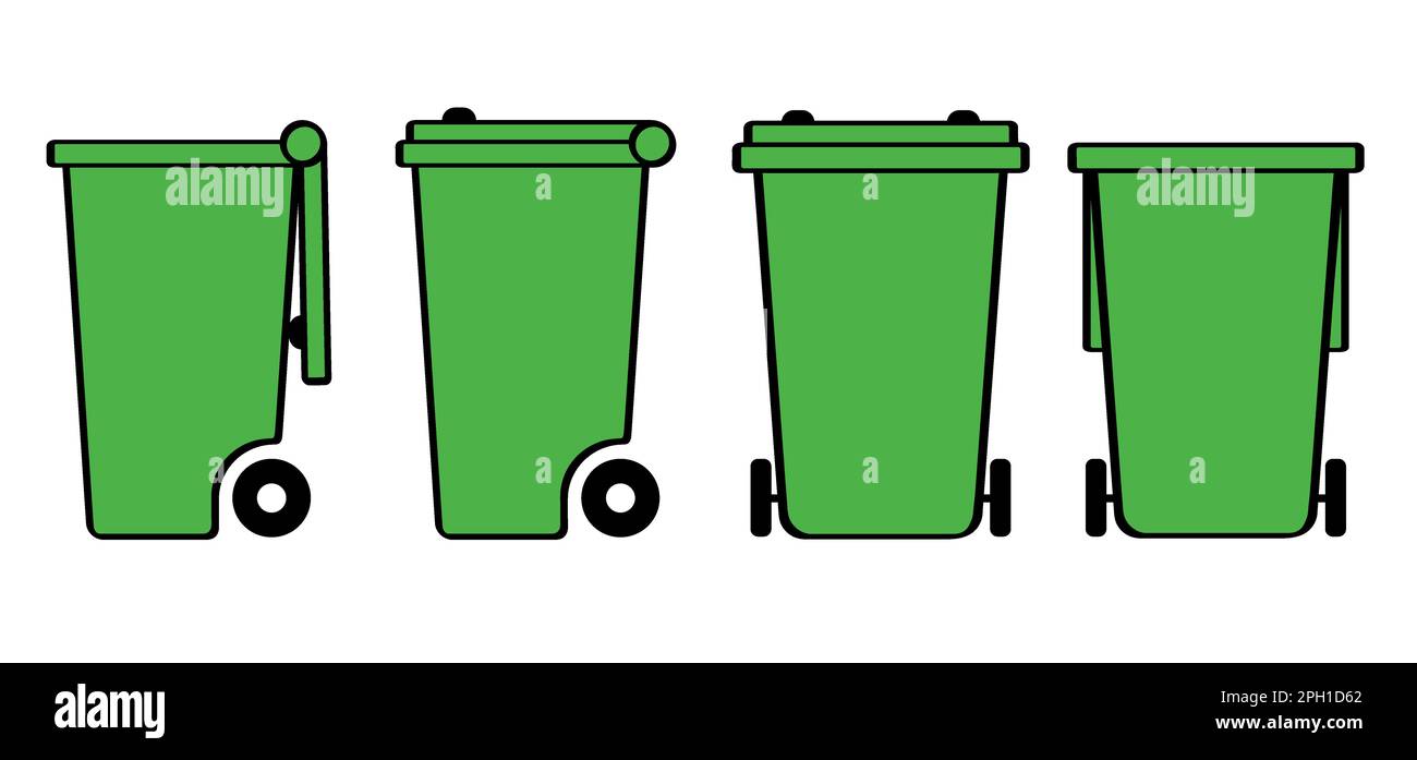 Wheelie bin. Garbage bag and container. Waste bin or or litterbin. Garbage can, trash can. Trash