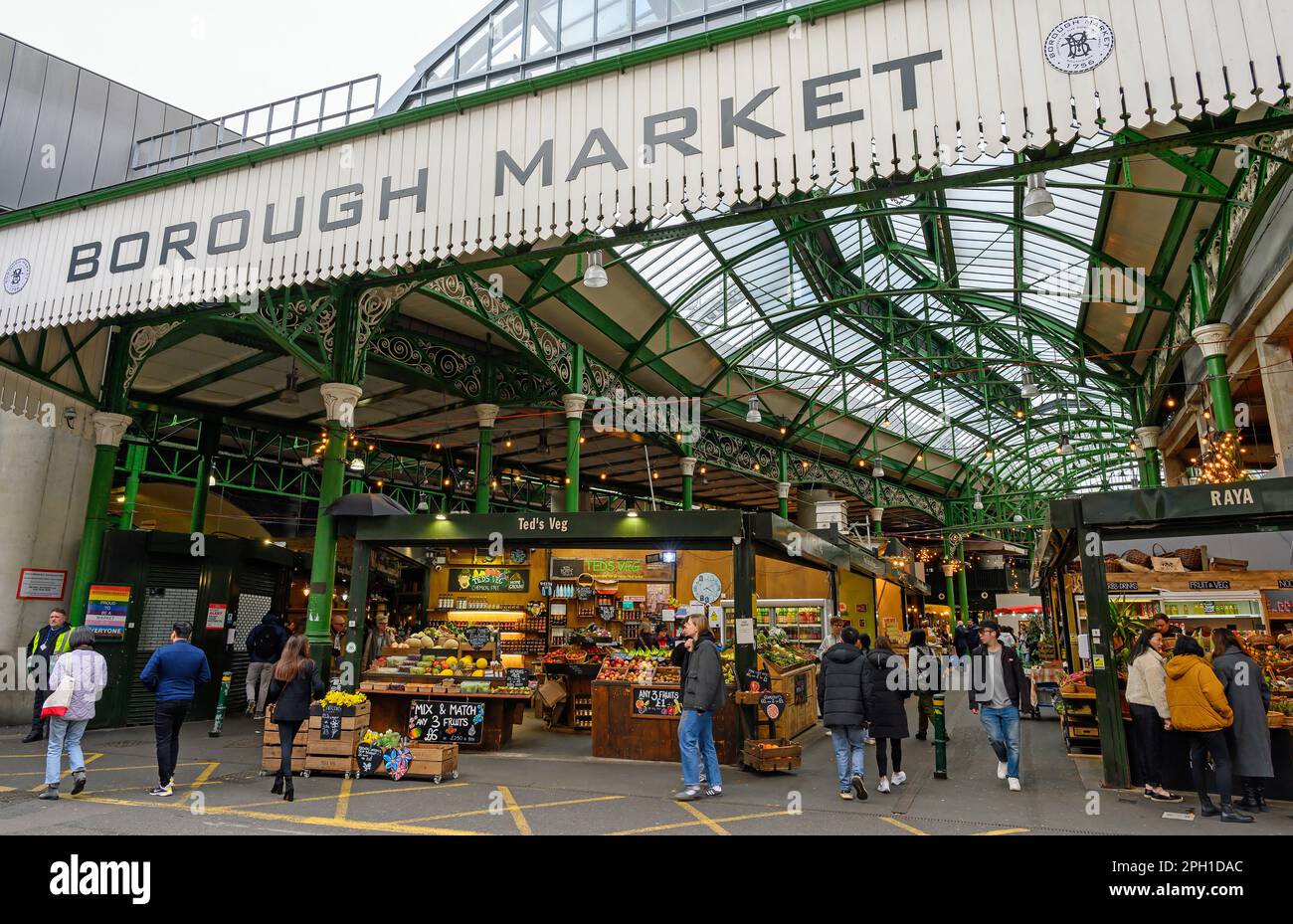 London, UK Entrance to Borough Market on Stoney Street and fresh fruit