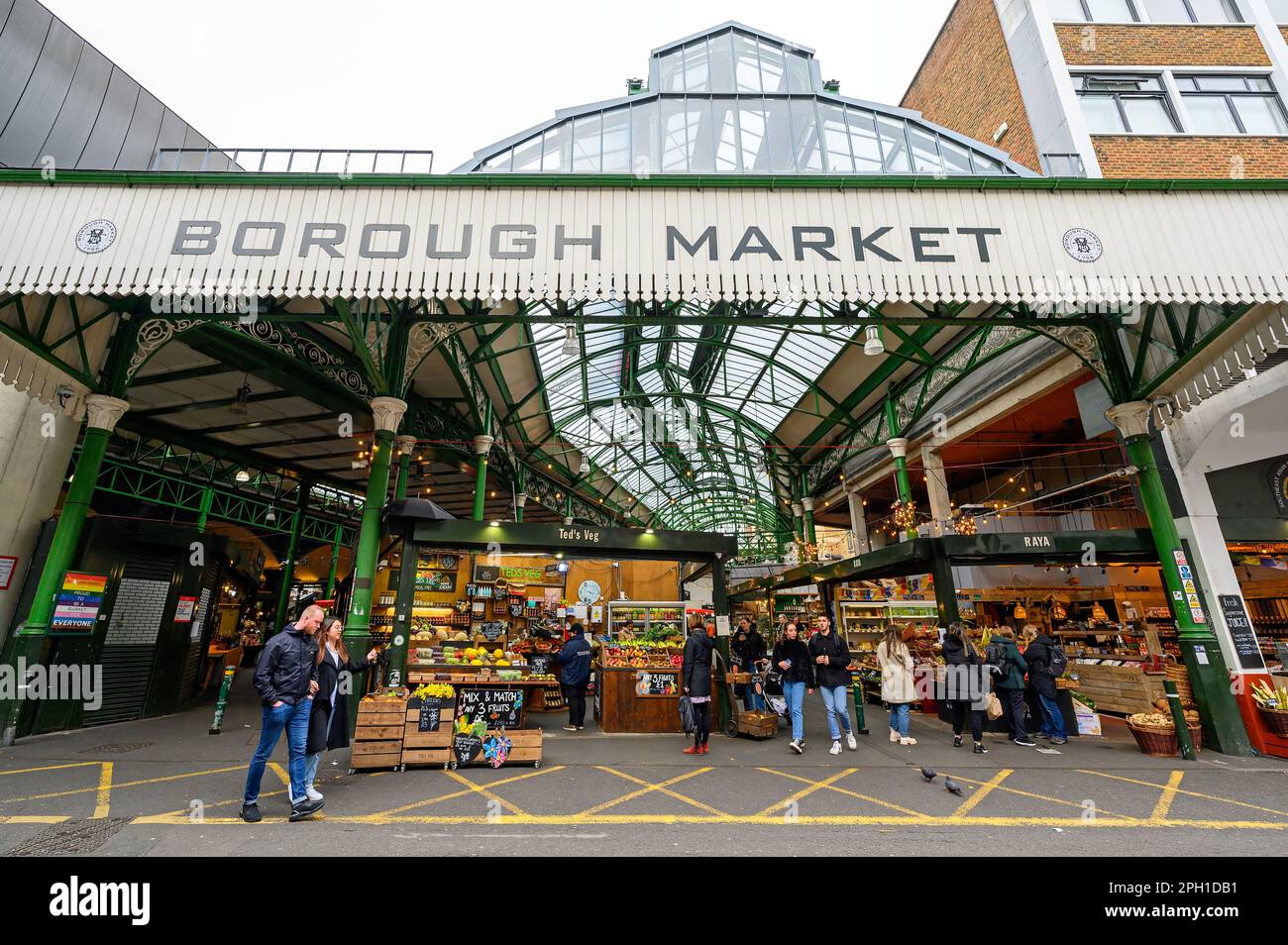 London, UK Entrance to Borough Market on Stoney Street and fresh fruit
