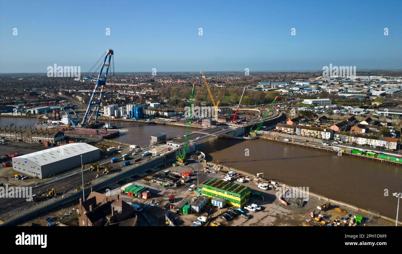 Great Yarmouth's new bridge near completion now the 700 tonne bascule leaf sections are installed, lifted into place by the 1800 tonne Matador 3 floating crane. Stock Photo