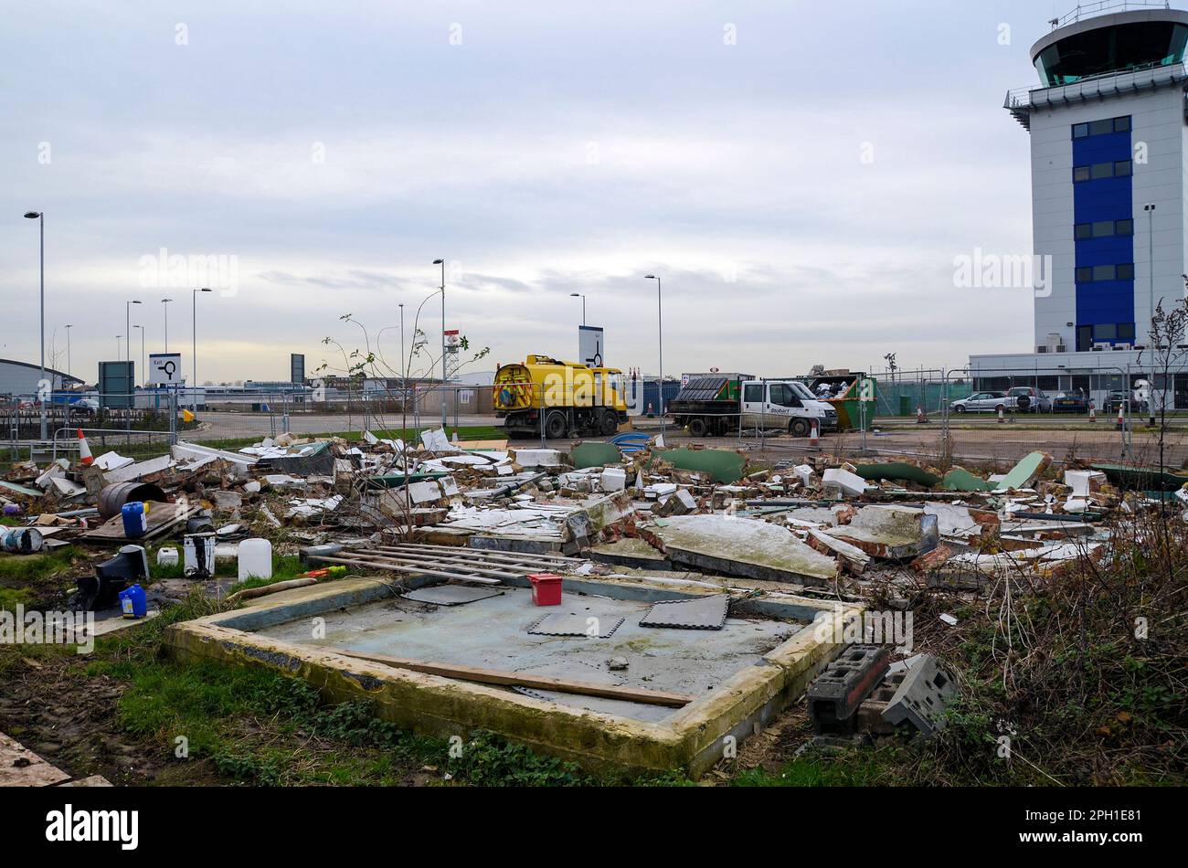 Remains of Second World War RAF Rochford wartime building flattened for car park at developing London Southend Airport. Historic building destroyed Stock Photo