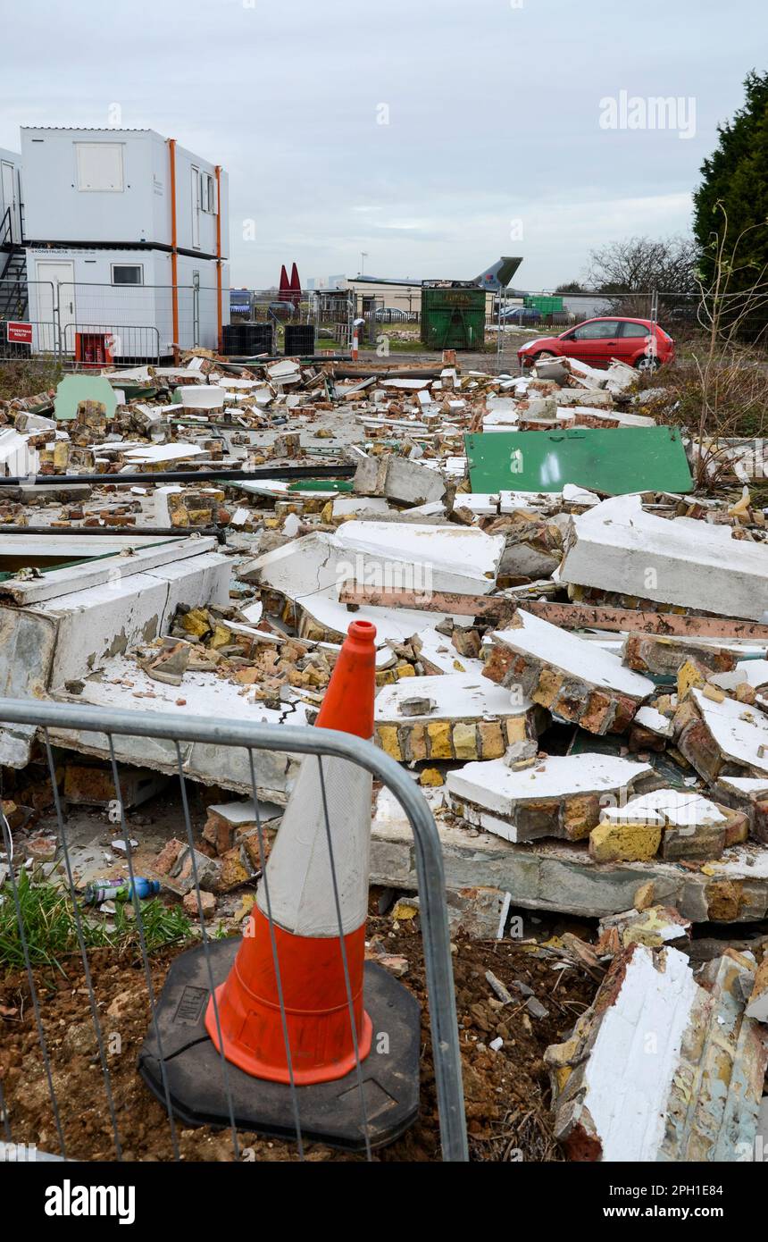 Remains of Second World War RAF Rochford wartime building flattened for car park at developing London Southend Airport. Historic building destroyed Stock Photo