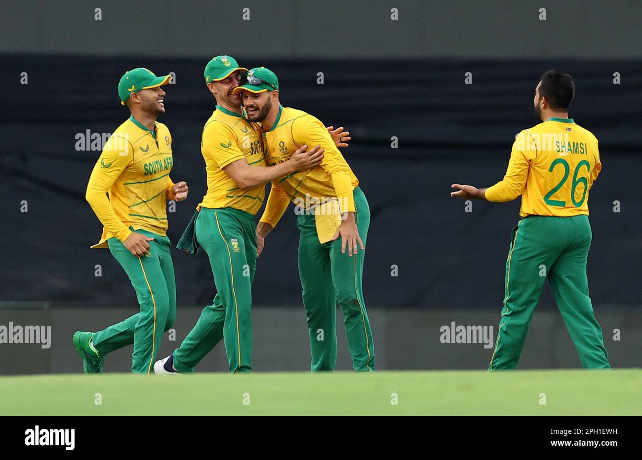 Cricket - First Twenty20 - South Africa v West Indies - SuperSport Park Cricket Stadium, Centurion, South Africa - March 25, 2023 South Africa's Anrich Nortje celebrates after taking a catch to dismiss West Indies' Johnson Charles off the bowling of Tabraiz Shamsi REUTERS/Siphiwe Sibeko Stock Photo