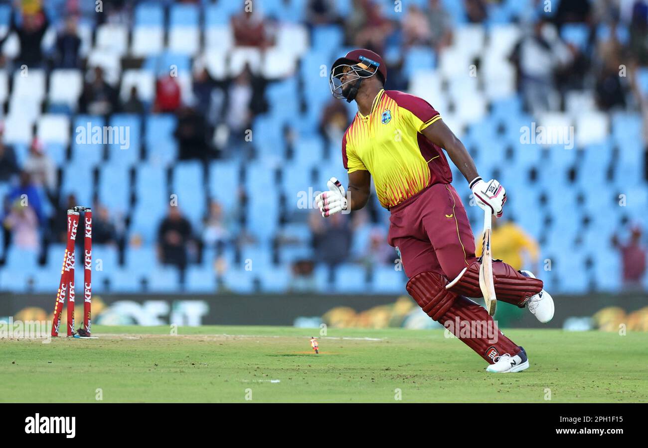 Cricket - First Twenty20 - South Africa v West Indies - SuperSport Park Cricket Stadium, Centurion, South Africa - March 25, 2023 West Indies' Romario Shepherd reacts after being being run out by South Africa's Wayne Parnell REUTERS/Siphiwe Sibeko Stock Photo