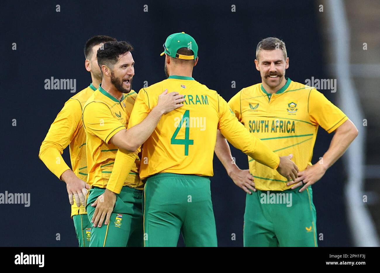 Cricket - First Twenty20 - South Africa v West Indies - SuperSport Park Cricket Stadium, Centurion, South Africa - March 25, 2023 South Africa's Wayne Parnell celebrates with teammates after running out West Indies' Romario Shepherd REUTERS/Siphiwe Sibeko Stock Photo