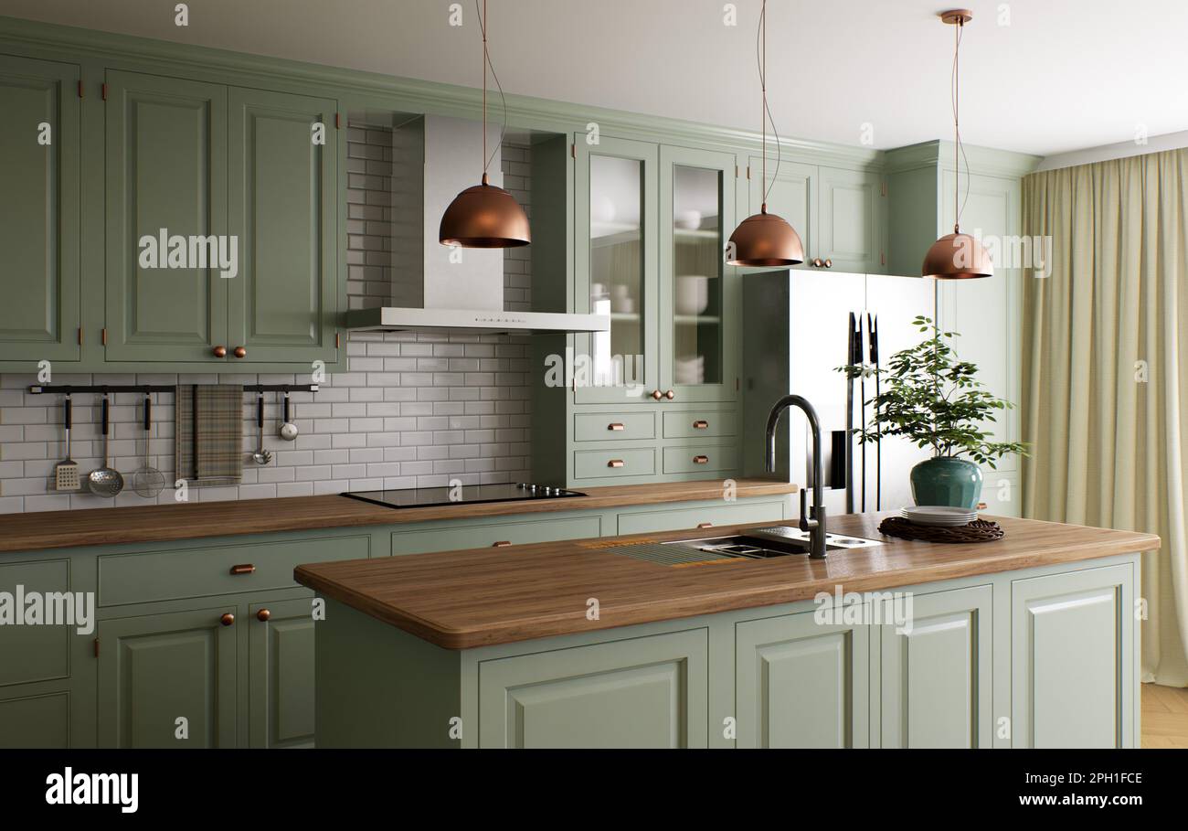 Green kitchen interior with island. Stylish kitchen with wooden worktop