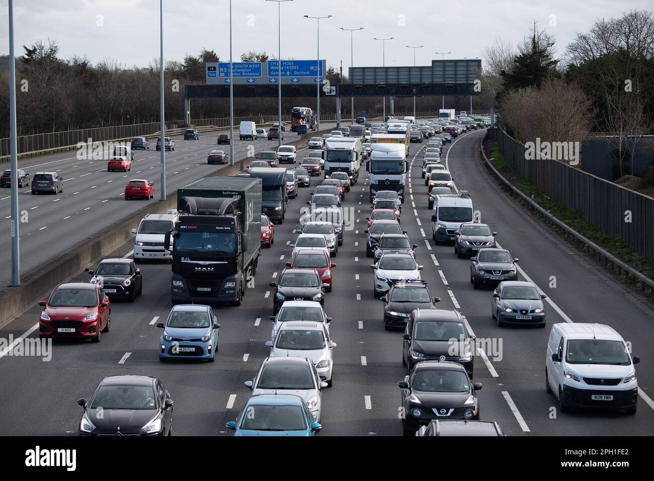 Egham Surrey UK. 25th March 2023. The M25 at Egham Surrey