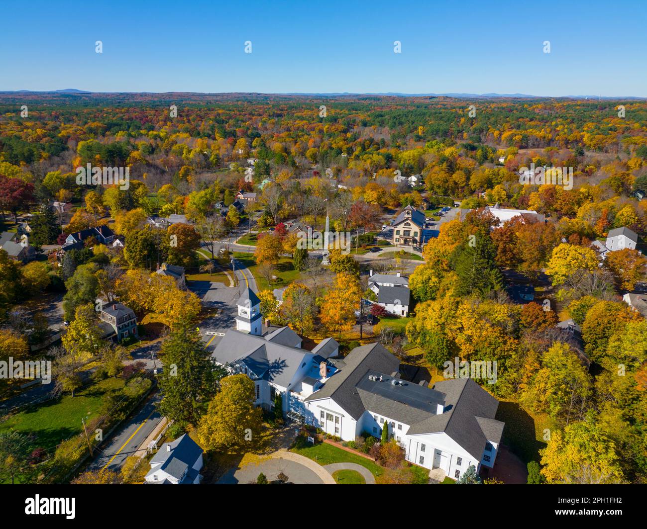 Acton Town Green aerial view in fall in historic town center of Acton ...