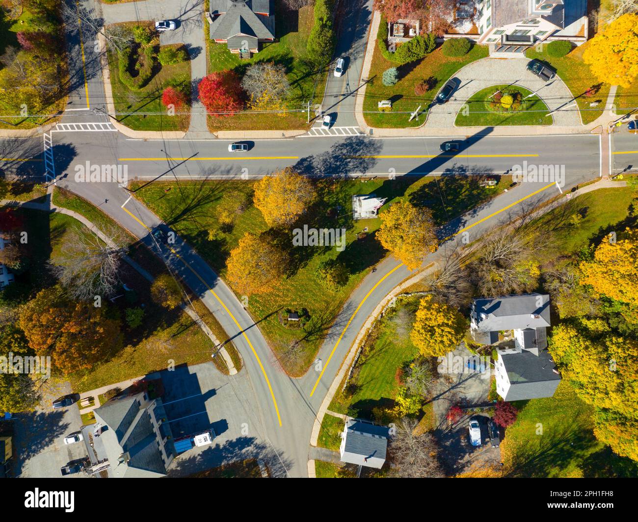 Acton Town Green aerial view in fall in historic town center of Acton