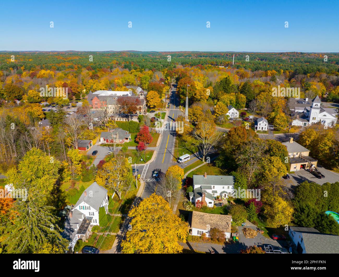Acton Town Green aerial view in fall in historic town center of Acton 