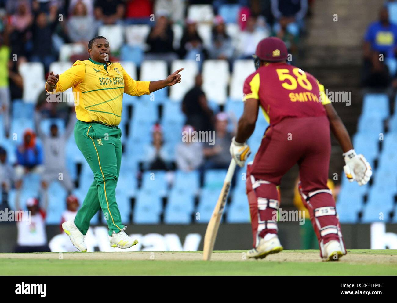 Cricket - First Twenty20 - South Africa v West Indies - SuperSport Park Cricket Stadium, Centurion, South Africa - March 25, 2023 South Africa's Sisanda Magala celebrates after taking the wicket of West Indies' Odean Smith REUTERS/Siphiwe Sibeko Stock Photo