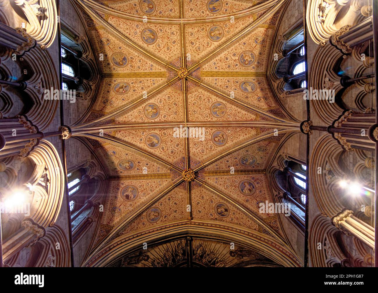 Looking along the decorated ceiling of the Choir in Worcester Cathedral, Worcester, Worcestershire, England, United Kingdom - 28th of January 2023. Stock Photo