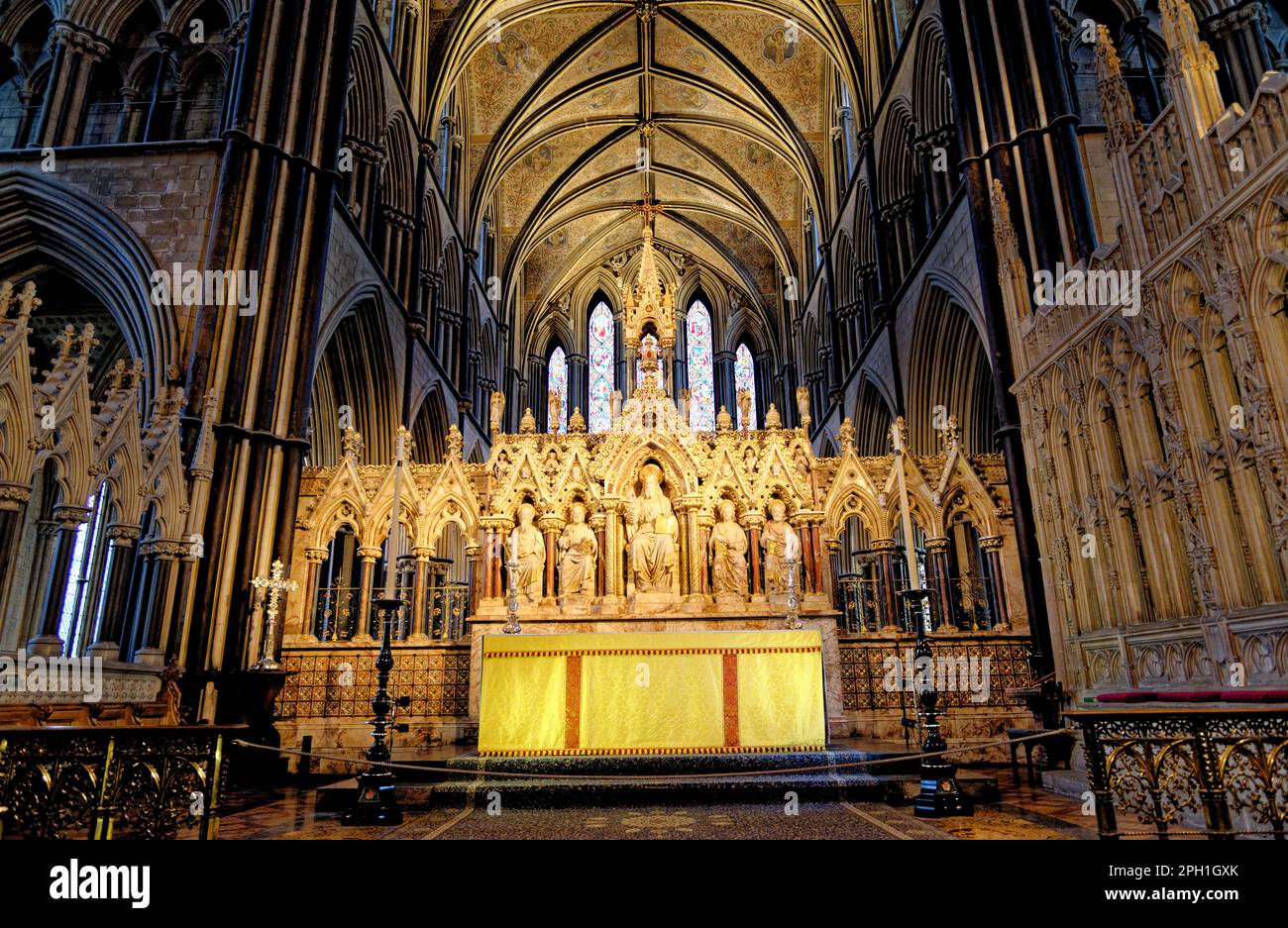 Intricate carving of the High Altar before the East Window in Worcester Cathedral, Worcester, Worcestershire, England, United Kingdom - 28th of Januar Stock Photo