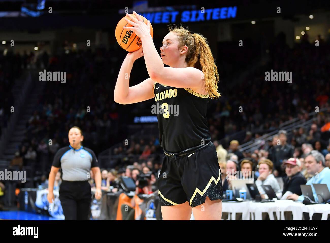 March 24, 2023: Colorado Buffaloes guard Frida Formann (3) shoots from the  outside during the NCAA women's NCAA Regional Semifinal basketball game  between the Colorado Buffaloes and Iowa Hawkeyes at Climate Pledge
