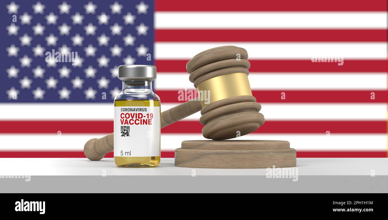 Covid-19 vaccine bottle and wooden judge's gavel on US flag. Law decisions on vaccination USA concept. 3D render background, copy space, clipping path Stock Photo
