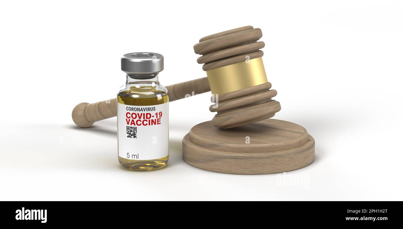 Covid-19 vaccine bottle and wooden judge's gavel. Law decisions on vaccination concept. 3D illustration white background, copy space clipping path Stock Photo