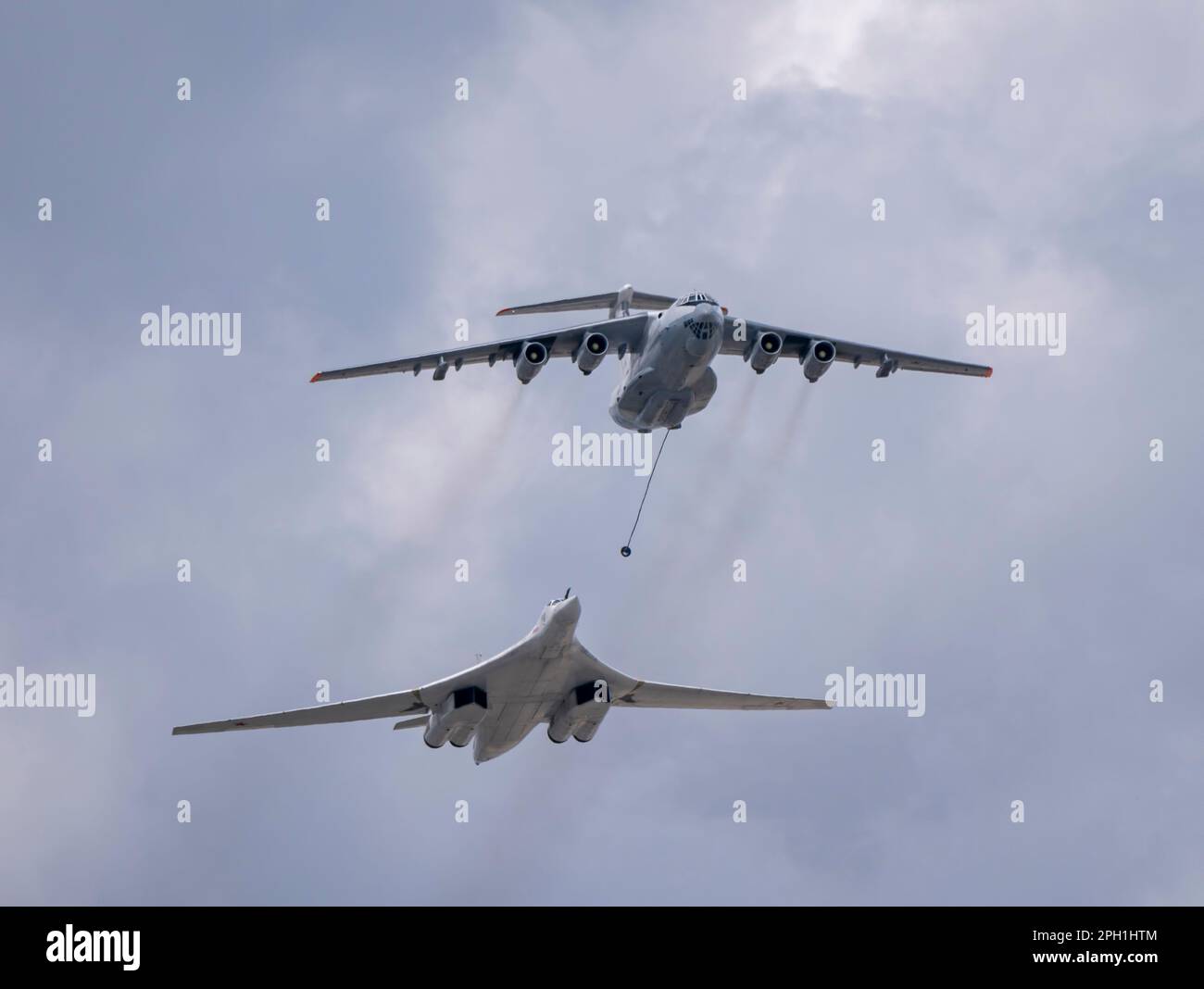 MOSCOW, RUSSIA - MAY 7, 2021: Avia parade in Moscow. tanker Ilyushin Il-78 and strategic bomber and missile platform Tu-160 in the sky on parade of Vi Stock Photo