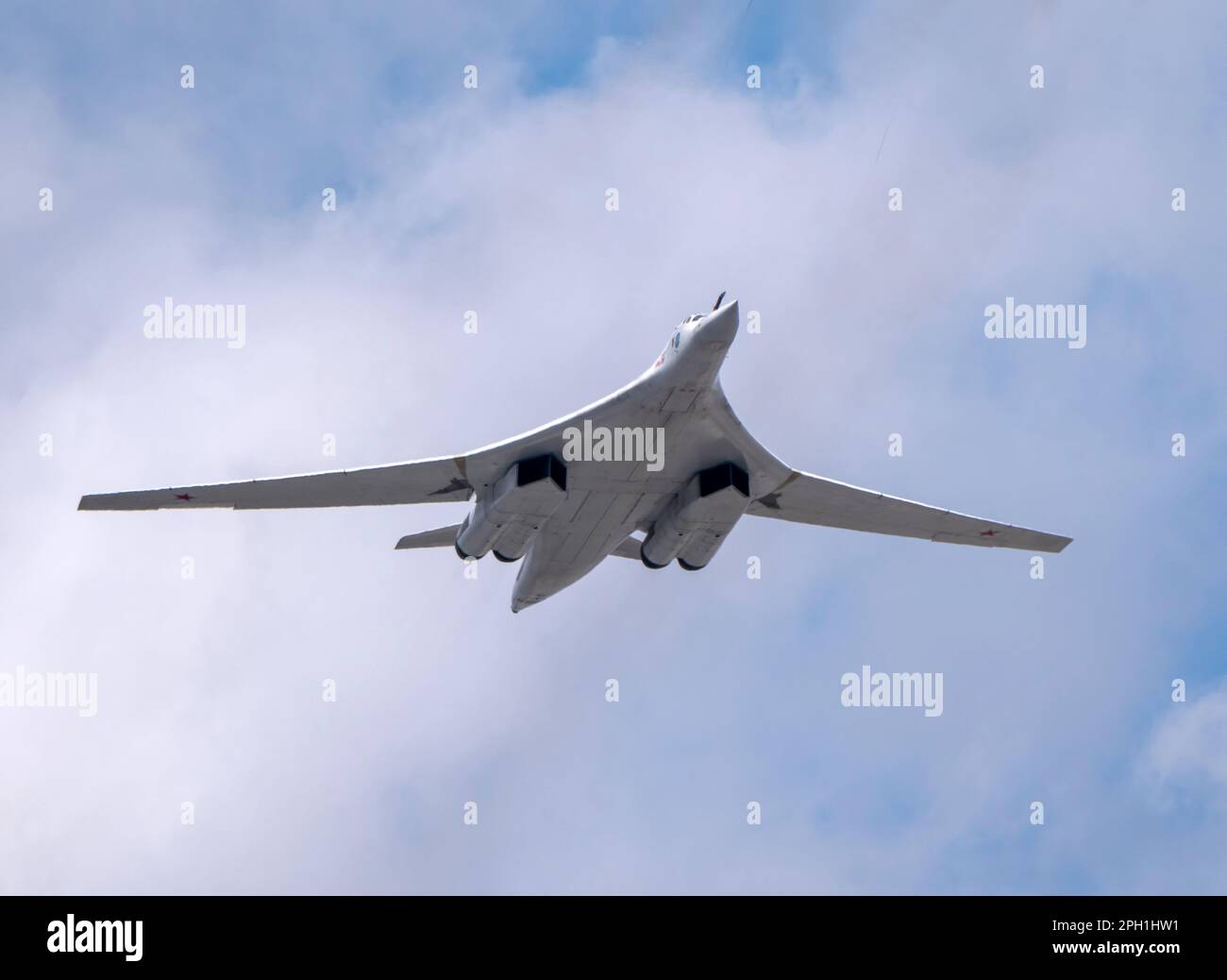 MOSCOW, RUSSIA - MAY 7, 2021: Avia parade in Moscow. strategic bomber and missile platform Tu-160 in the sky on parade of Victory in World War II in M Stock Photo