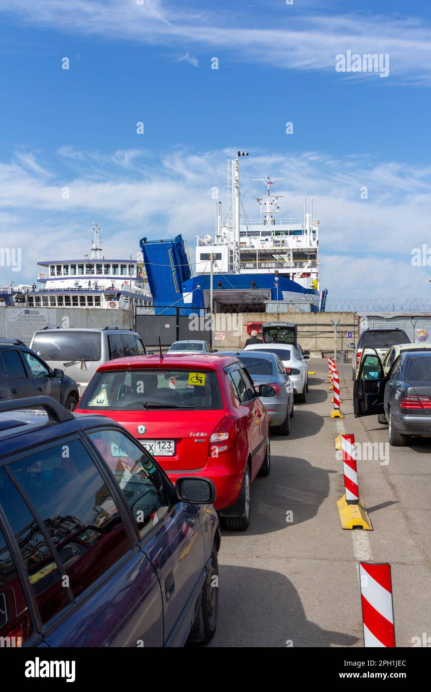 KERCH, CRIMEA - 29 June, 2018 : The queue of cars for the ferry Crimea and mainland Russia, Port Crimea - Port Caucasus. Stock Photo