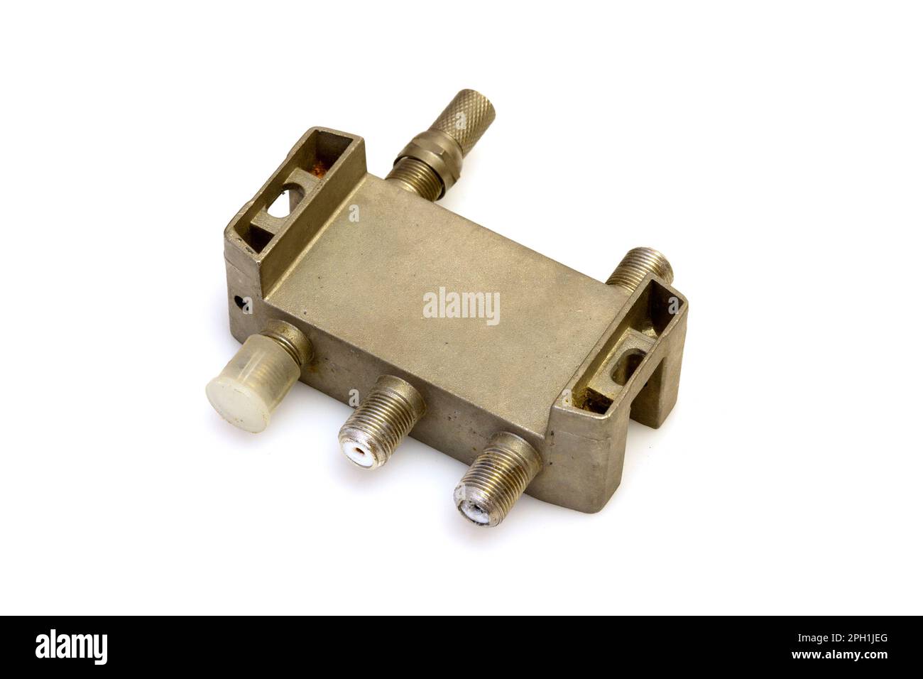 TV splitter for connecting coaxial cables on a white background Stock
